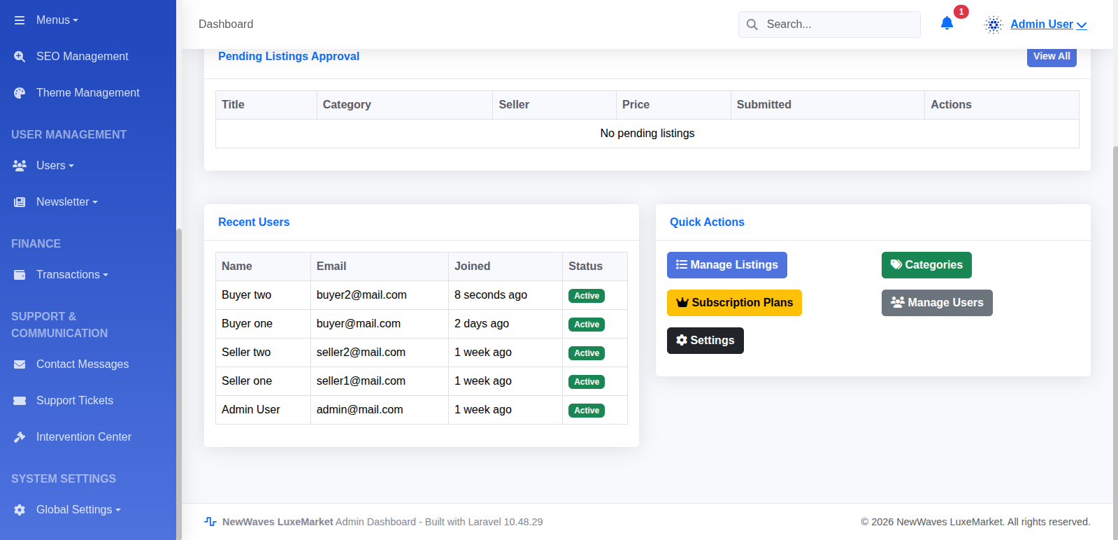 Admin Dashboard Actions